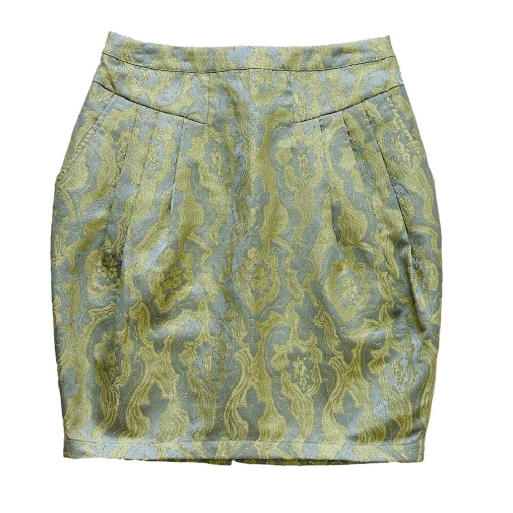 H&M Skirt Gold Light Blue Brocade Glitter Dressy Party Mini Skirt Size 6